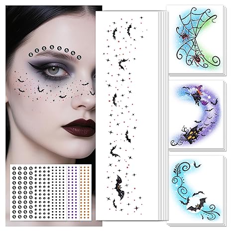 EMOME Halloween Decorations, Halloween Glitter Faux Freckles Face Tattoos with Black Orange Purple Face Gems, Halloween Rave Accessories Face Paint Makeup Kit for Women, Kids, Party Supplies - sugar skull makeup kit