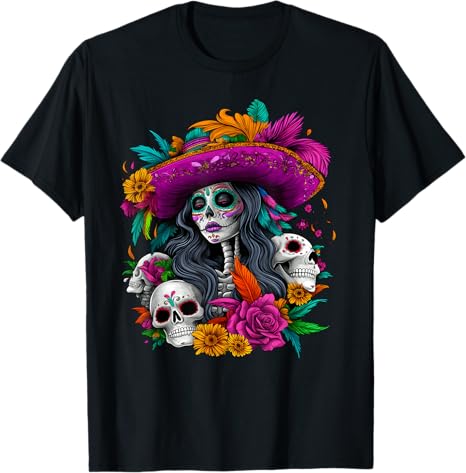 Day Of The Dead Sugar Skull Skeleton Ades.tshirt - sugar skull t-shirt womens