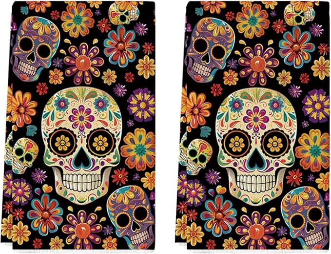 Artoid Mode Flower Sugar Skull Day of The Dead Kitchen Towels Dish Towels, 18x26 Inch Farmhouse Halloween Mexican Decor Hand Towels Set of 2 - sugar skull apron for women