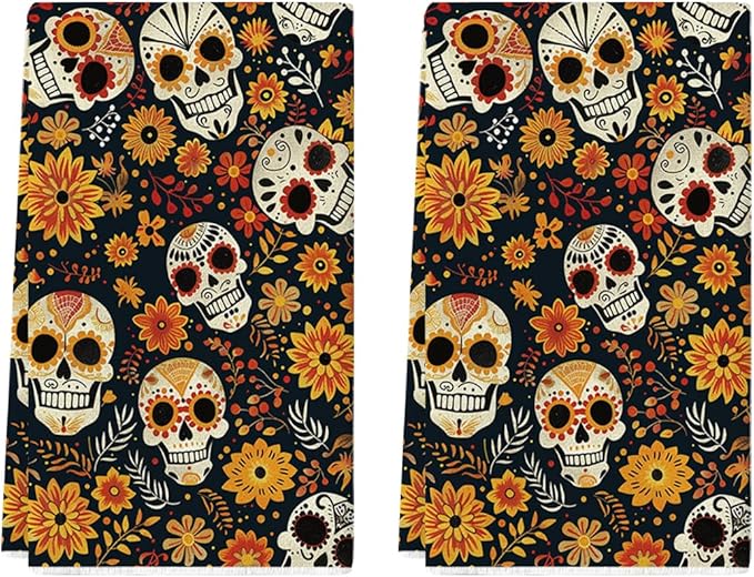 Artoid Mode Yellow Flower Sugar Skull Day of The Dead Kitchen Towels Dish Towels, 18x26 Inch Farmhouse Halloween Mexican Decor Hand Towels Set of 2 - sugar skull beach towel