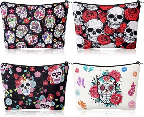 4 Pack Sugar Skull Makeup Bags Christmas Cosmetic Bag Gifts Travel Toiletry Zipper Pouch Gothic Floral Skeleton Gifts Pouch for Girls Women Sugar Skull Lovers - sugar skull handbags for sale