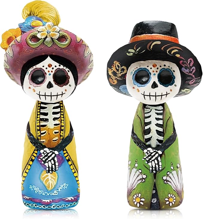 2 Pcs Day of The Dead Figurines Wooden Sugar Skulls Statue Dia De Los Muertos Altar Ofrenda Skulls Couple Decorations Day of The Dead Sculpture Tabletop Decor for Home Table - sugar skull christmas ornament