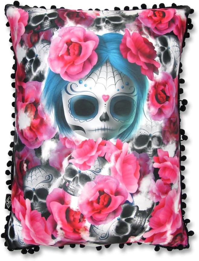 Dark Dreams Gothic Throw Pillow, Sugar Skull Girl with Pink Floral Design,Black Pom-Pom Trim, Stuffed Decorative Cushion - sugar skull throw pillow