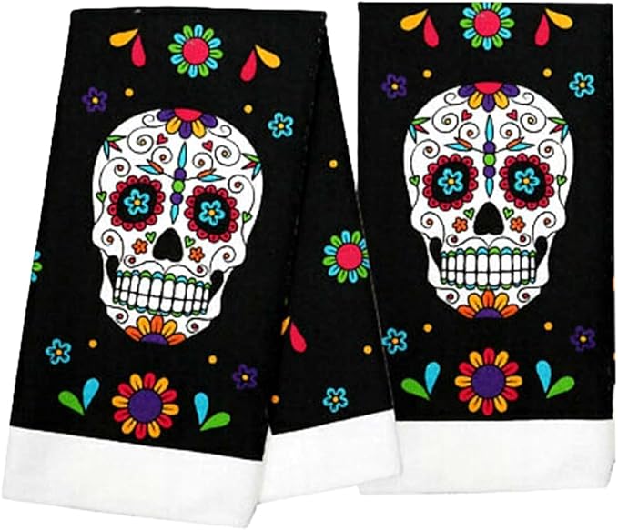 2pc Set-Sugar Skull Hand Towels Halloween Bathroom Kitchen Decor Hostess Gift - sugar skull beach towel