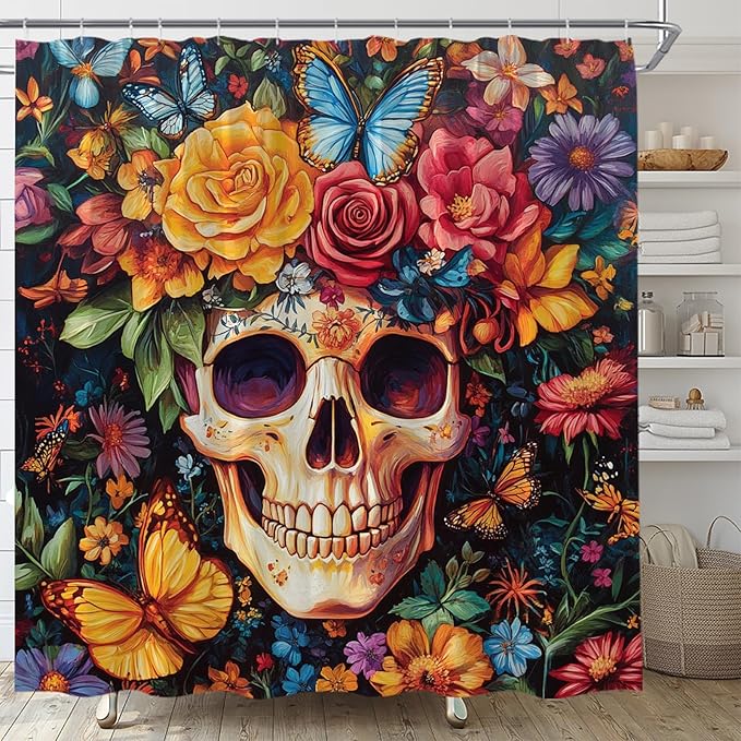 Sugar Skull Shower Curtain Halloween Vintage Colorful Boho Floral Butterfly Spooky Retro Rose Fabric Bathroom Curtain Decor (70" WX70 H) - sugar skull shower curtain set