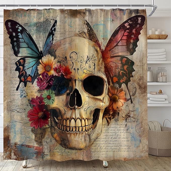 Sugar Skull Shower Curtain Gothic Skull Floral Halloween Vintage Flower Retro Watercolor Butterfly Spooky Skeleton Fabric Bathroom Curtain Decor Bath Set with Hooks(70" WX70 H) - sugar skull shower curtain set
