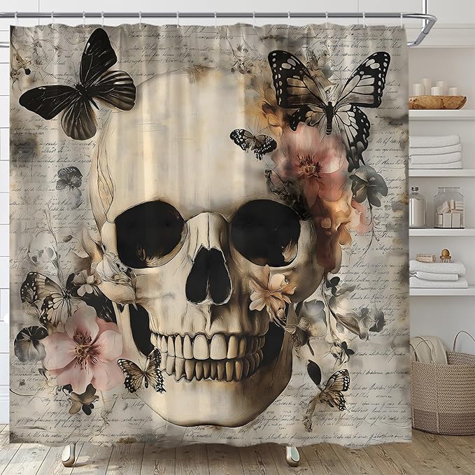 Skull Floral Shower Curtain Halloween Vintage Watercolor Flower Butterfly Sugar Skull Horror Gothic Spooky Retro Fabric Bathroom Curtain Decor Bath Set with Hooks(70" WX70 H) - sugar skull shower curtain set