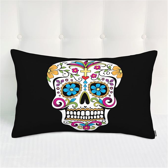 Bed Throw Pillows Covers Sugar Skull Decor Throw Pillow Case Cushion Cover for Couch Colorful Flowers Leaves Sugar Skull Pillow Covers for Bed Home Car Polyester 20x30 Inches - sugar skull throw pillow