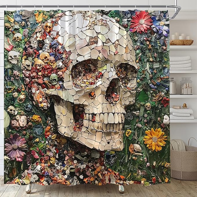 Sugar Skull Shower Curtain Horror Halloween Colorful Flower Stained Glass Art Vintage Rustic Skeleton Fabric Bathroom Curtain Decor (70" WX70 H) - sugar skull shower curtain set