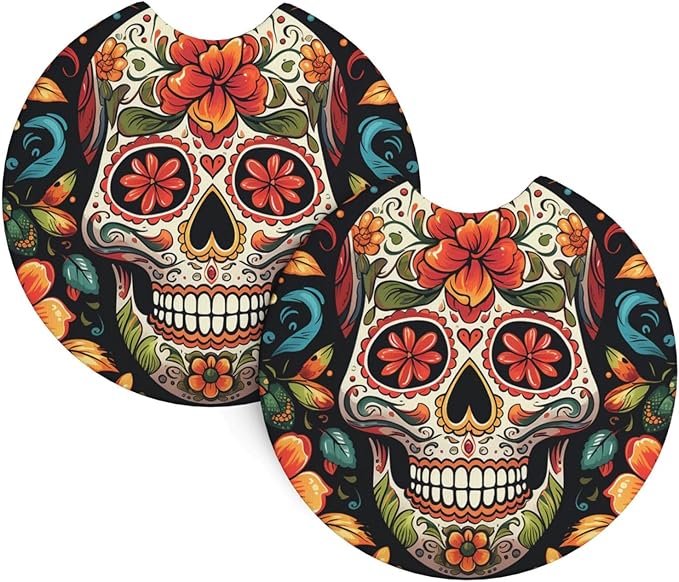 2 Pack Car Cup Holder Coaster, 2.7 Inch Non-Slip Insert Car Coasters with Finger Notch Absorbent Drink Coaster Colorful Sugar Skull Car Cup Mat Car Interior Accessories for Women Men - sugar skull car floor mats