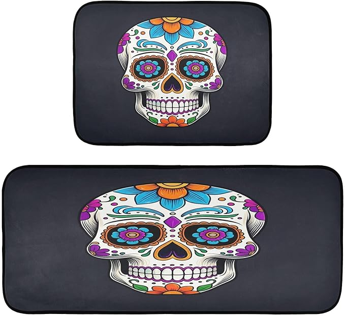 STAYTOP Kitchen Mats Set of 2, Colored Sugar Skull Kitchen Rugs and Door Mats,Holiday Party Low-Profile Floor Mat for Home Kitchen - sugar skull floor mat