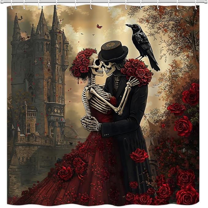 Skull Couple Shower Curtain Sugar Skeleton Rose Flower Crow Gothic Castle Horror Spooky Halloween Bathroom Polyester Fabric Curtains with Hooks 70Wx70H Inch - sugar skull shower curtain set