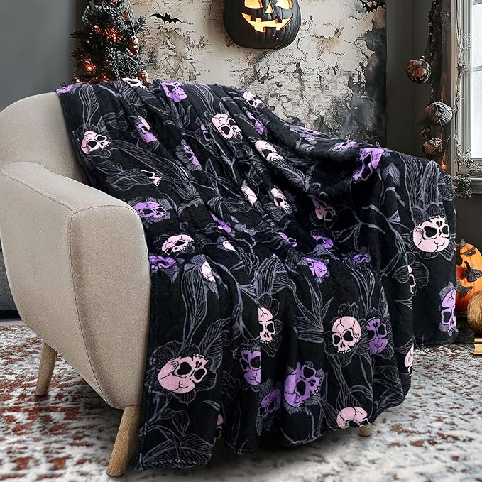 Halloween Goth Skull Throw Blanket 50x60 Inch Gothic Skeleton Blankets Soft Lightweight Cozy Plush Blanket for Halloween Decor Gifts - sugar skull throw blanket