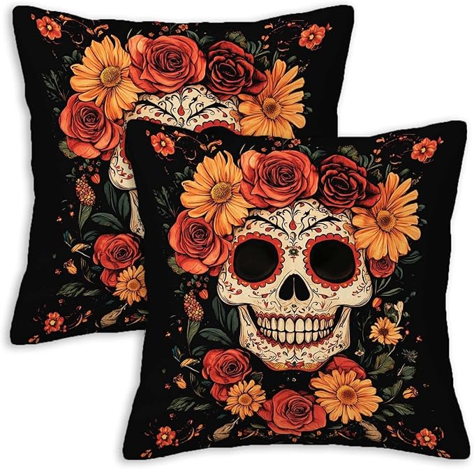 Sugar Skull Throw Pillow Covers 18x18 Set of 2, Mexican Day of The Dead Pillowcase for Sofa and Couch, Chirstmas Decorative Square Cushion Cases for Living and Bed Room - sugar skull throw pillow