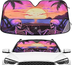Funny Skeleton Skull Summer Windshield Sunshade Car Sun Shade Front Window Shade for Truck SUV Blocks UV Rays Sun Reflector Visor Protector Accordion Folding - sugar skull car sunshade for windshield