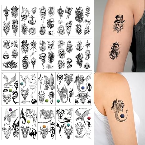 Pirate Skull Temporary Tattoo for Women Men, Black Wings Dragon Tattoos, Skeleton Anchor Fake Tattoos, Waterproof Realistic Black Viking Tribal Totem Tattoo for Adults Body Art Decor Stickers 769 - sugar skull temporary tattoo