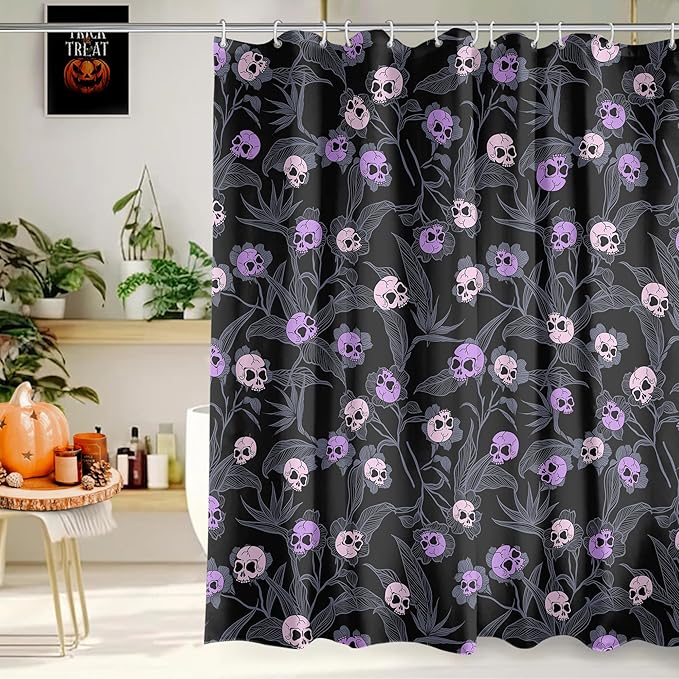 Roszwtit Halloween Goth Skull Shower Curtain 72x72 Inch, Gothic Skeleton Shower Curtains for Bathroom, Halloween Spooky Home Decor Waterproof Fabric with Hooks - sugar skull shower curtain set