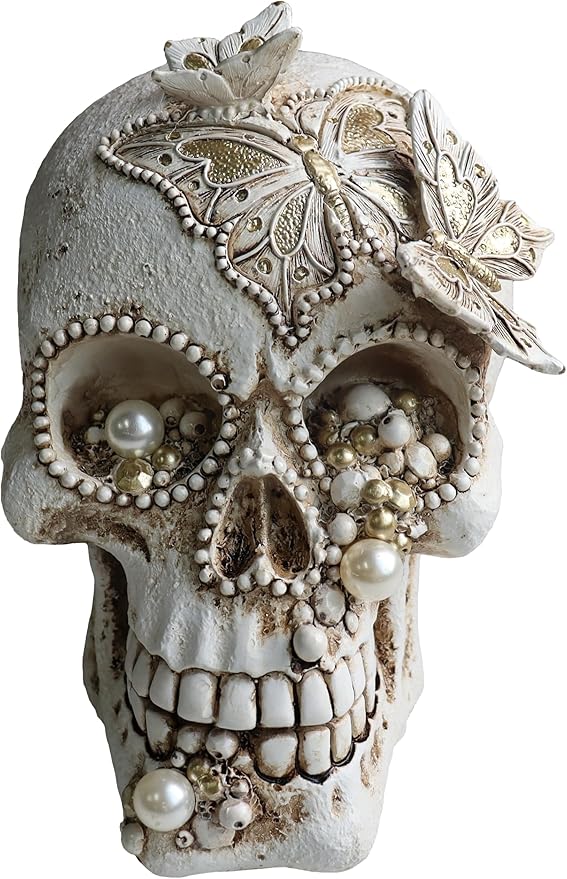 Resin Skull Head Decor Statue, Life Size Skull Halloween Decoration Home Decor Party Decorations,Skull Collectible Figurines,Adult Head Bone Model,Halloween Statue（White） - sugar skull figurine collectible