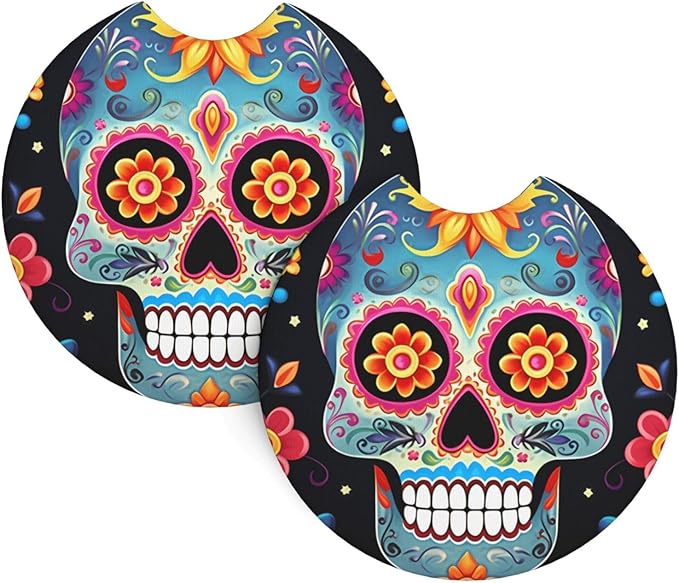 2 Pack Car Cup Holder Coaster, 2.7 Inch Non-Slip Insert Car Coasters with Finger Notch Absorbent Drink Coaster Sugar Skulls Car Cup Mat Car Interior Accessories for Women Men - sugar skull car floor mats