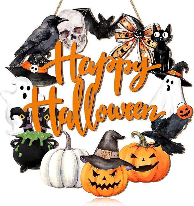 Happy Halloween Wood Wreath Ghost Black Cat Pumpkin Skull Door Hanging Sign Decorations, Rustic Spooky Halloween Wooden Signs for Front Door Hanger Home Decor Party Supplies Watercolor - sugar skull wreath for front door