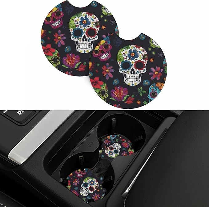 2 Pack Car Coaster for Cup Holders Flower Cactus Sugar Skull Car Cup Coaster 2.7" Neoprene Non-Slip Automotive Cup Mat Universal Auto Car Interior Accessories for Women Men Cup Mat - sugar skull car floor mats