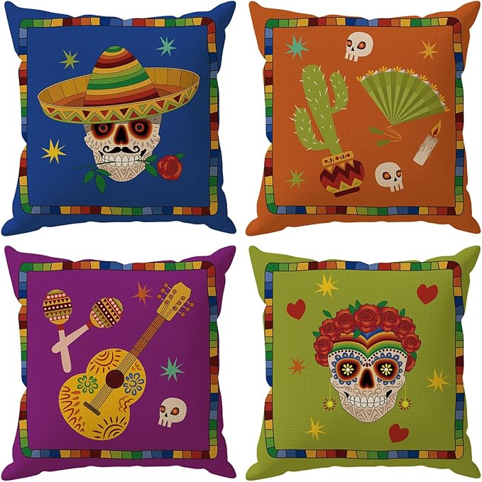 Dia De Los Muertos Pillow Covers Sugar Skull Mexican Style Music Guitar Flower Day of The Dead Throw Pillow Cases Set of 4 Decorations for Farmhouse Home Sofa Outdoor Holiday Decor 18x18 Inch - sugar skull throw pillow