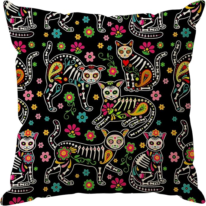 Dia De Los Muertos Pillow Cover Sugar Skull Cats Flower Paisley Petals Day of The Dead Mexican Throw Pillow Case Decorations for Farmhouse Home Bedroom Sofa Couch Outdoor Holiday Decor 18x18 Inch - sugar skull throw pillow