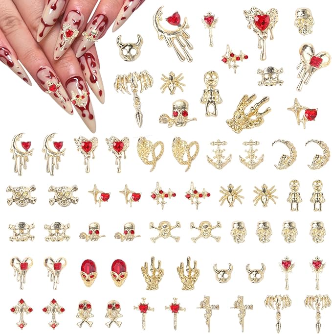 48 Pcs Halloween Nail Charms, Spider Skull Cross Gold Nail Charms and Gems, Alloy Snake Skeleton Multi Styles Gothic Gold Charm for Halloween Nails Art Design Accessories - sugar skull nail art