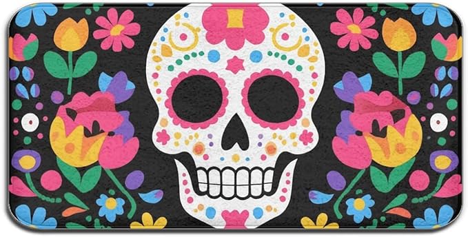 Fashion Room Decor Rug All Season Entryway Mat, Mexican Day of Dead Flower Traditional Sugar Skull Quick Absorb Bathroom Door Mat - sugar skull floor mat
