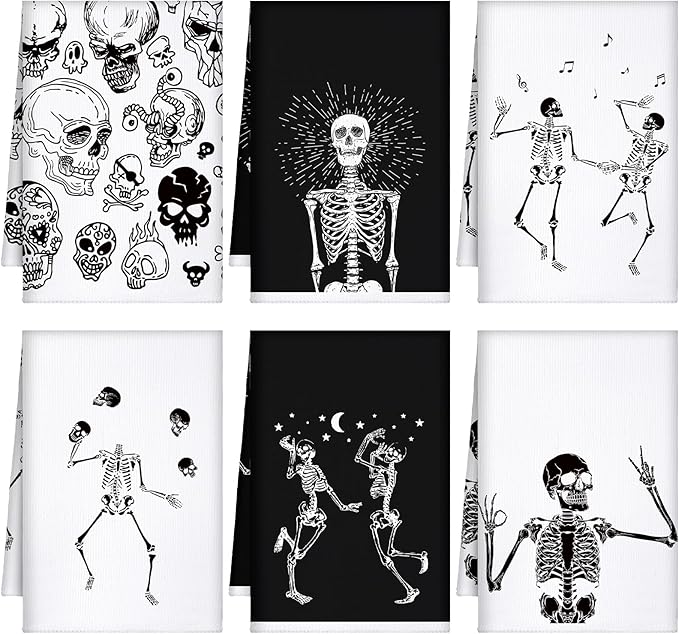 Bencailor 6 Pcs Christmas Skull Kitchen Towels Gothic Spooky Christmas Dish Hand Towels Black White Skeleton Tea Washcloth for Horror Creepy Xmas Party Gifts Bathroom Kitchen Decor 24 x 16'' - sugar skull beach towel
