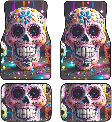 Car Floor Mats 4 Piece Universal Car Floor Mats All-Weather Car Mat Set Sugar Skulls Rubber Floor Mats Non-Slip Waterproof Car Foot Pad Automotive Protection Interior Floor Mats for Most Vehicles - sugar skull car floor mats