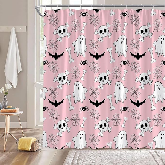 GCTNBJL Halloween Ghost Shower Curtain Spooky Ghost Skull Bat Spider Funny Cute Cartoon Holiday Pink 70x70(WxH) Inches Bathroom Decor Fabric Curtain with Hooks - sugar skull shower curtain set