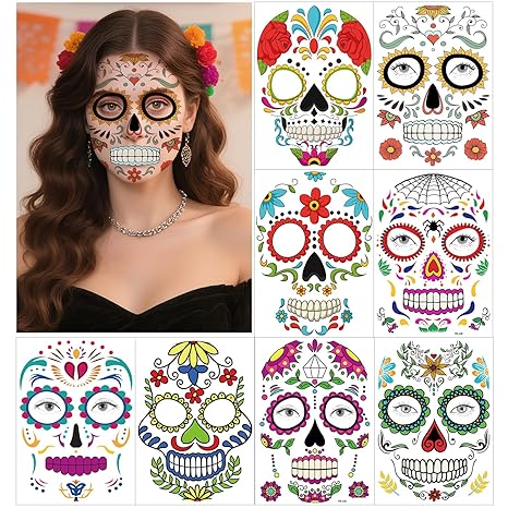 8 Sheets Day of the Dead Face Tattoos Halloween Sugar Skull Temporary Tattoos Skeleton Tattoo Party Favor Supplies - sugar skull temporary tattoo