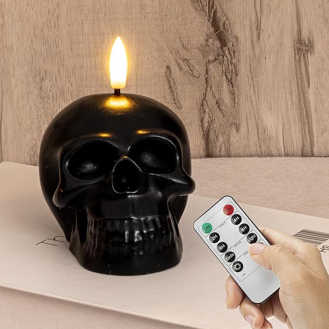 Halloween Skull Flameless LED Candle, 3.1" x 4.0" x 4.1" Real Wax Skeleton Head Candle with Remote and Timer, Battery Operated Flickering Candlesstick, Spooky Indoor Halloween Decor - sugar skull candle holder