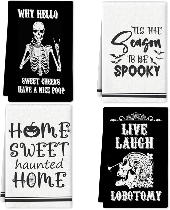4 Pcs Halloween Kitchen Towels 15.7x23.6 Inches Funny Hand Towels for Bathroom Gothic Halloween Bathroom Decortions Scary Skull Live Laugh Lobotomy Dish Cloths Housewarming Gift for Home Wall Decor - sugar skull beach towel