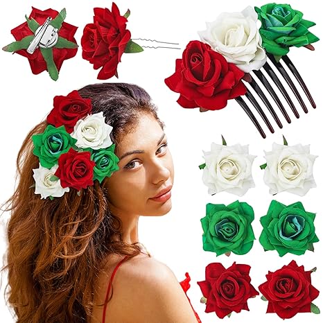 7 Pcs Mexican Hair Accessories for Women Independence Day Rose Flower Brooch Clip Mexican Flag 16th September Flower Hair Accessories for Traditional Girls Independencia De Mexico - sugar skull flower crown