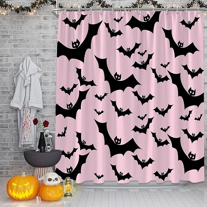 Spooky Halloween Shower Curtain Gothic Horror Halloween Black Bats Pink Funny Happy Holiday Fabric Bathroom Decor Curtain with Hooks,70X70(WXH) Inches - sugar skull shower curtain set