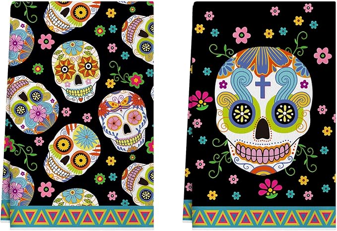 XCHI Sugar Skull Colorful Flowers Dia De Los Muertos Day of The Dead Mexican Kitchen Towels Dish Towels 18x26 Inch Home Kitchen Decorations Hand Towels Set of 2 Drying Dishcloth - sugar skull beach towel