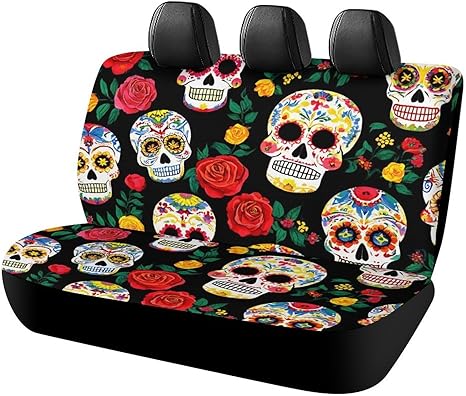 Soft Back Seat Covers Set Universal Fit for Most SUV & Truck Bench Seats, Mexican Day Dead Rose Sugar Skulls Fashion Car Interior Decor - sugar skull car pet seat cover