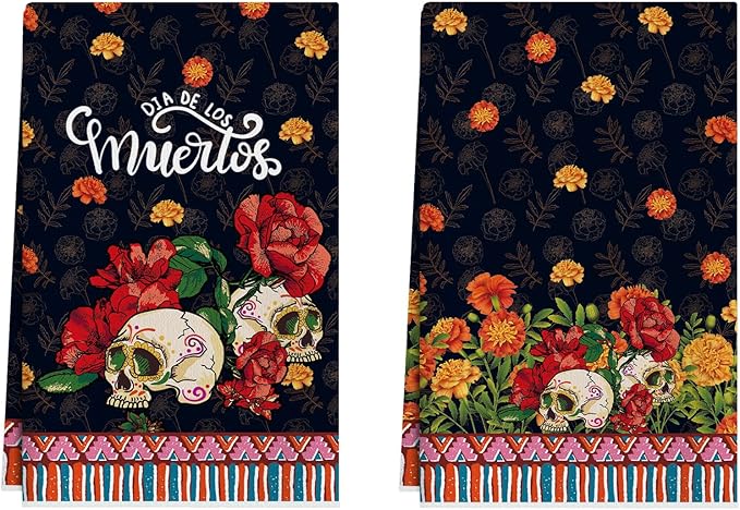 XCHI Flowers Sugar Skull Dia De Los Muertos Marigolds Mexican Day of The Dead Kitchen Towels Dish Towels 18x26 Inch Home Kitchen Decorations Hand Towels Set of 2 Drying Dishcloth - sugar skull beach towel