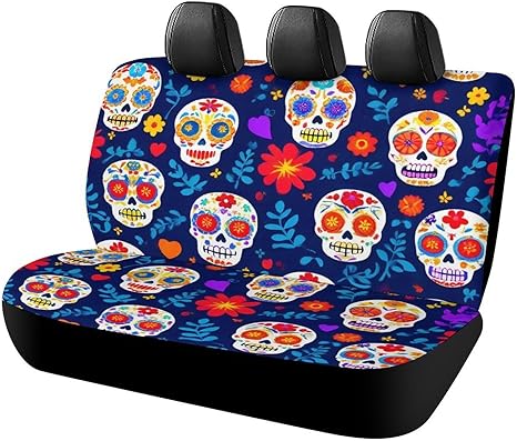 Fashion Car Rear Bench Seat Covers for Trucks SUV, Universal Stretch Back Seat Protector, Day Dead Cool Mexican Sugar Skull Car Decor - sugar skull car pet seat cover