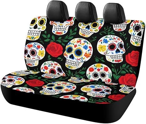 Car Bench Seat Covers for Trucks, Mexican Day Dead Rose Sugar Skulls Car Accessories Rear Seat Covers for SUV - sugar skull car pet seat cover