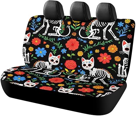 Fashion Car Bench Seat Covers, Soft Durable & Universal Fit for SUV Truck Interior Decor Day of The Dead Black Cat Rose Sugar Skull Skeleton - sugar skull car pet seat cover