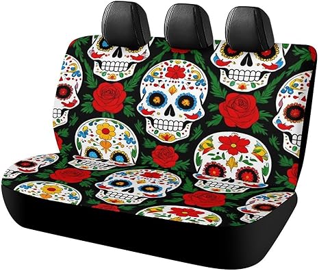 Fashion Car Rear Bench Seat Covers for Trucks SUV, Universal Stretch Back Seat Protector, Mexican Day Dead Rose Sugar Skulls Car Decor - sugar skull car pet seat cover