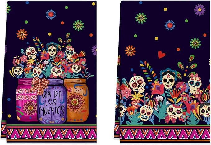 XCHI Vases Sugar Skull Flowers Dia De Los Muertos Mexican Kitchen Towels Day of The Dead Dish Towels 18x26 Inch Home Kitchen Decorations Hand Towels Set of 2 Drying Dishcloth - sugar skull beach towel
