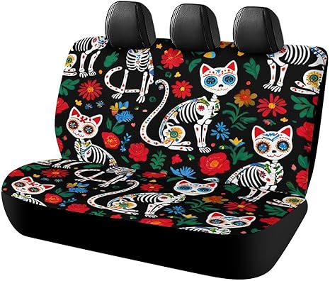 Universal Fit Auto Bench Seat Cushion Covers, Day of The Dead Black Cat Rose Sugar Skull Skeleton Cute Design Dirt Proof Dog Car Back Seat Cover for Women Men - sugar skull car pet seat cover