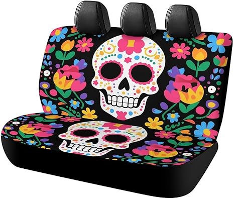 Car Bench Seat Covers for Trucks, Mexican Day of Dead Flower Traditional Sugar Skull Car Accessories Rear Seat Covers for SUV - sugar skull car pet seat cover