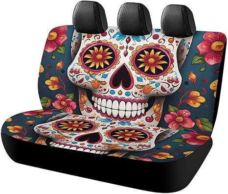 Colorful Sugar Skull Car Back Seat Covers for Most Cars, Easy Install Back Seats Vehicle Protector Anti-Slip & Durable Universal Auto Seat Cushion for Pets, Spills - sugar skull car seat covers set