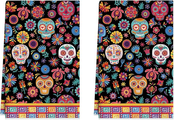 XCHI Colorful Sugar Skull Marigolds Flowers Dia De Los Muertos Kitchen Towels Day of The Dead Dish Towels 18x26 Inch Home Kitchen Decorations Hand Towels Set of 2 Drying Dishcloth - sugar skull beach towel