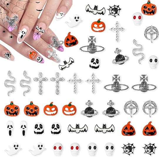 32 Pcs Halloween Cross Nail Charms, 3D Vintage Punk Cross Spider Skull Ghost Bat Nail Art Charms, Halloween Theme Gems Nail Charm for Nail Art Supplies DIY Crafts Accessories - sugar skull nail art